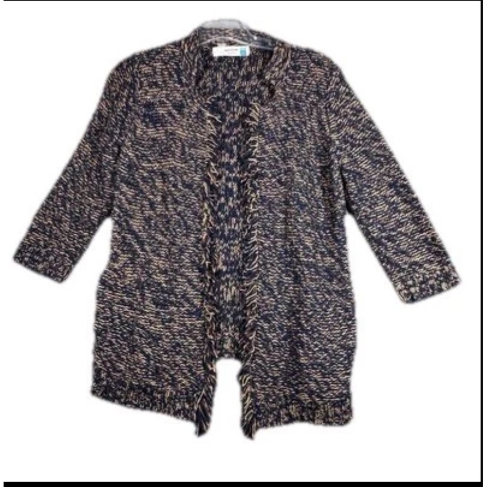 Sparrow Blue Orange‎ Sweater Knit Cardigan Open Front Fringe Trim Sweater Coat M